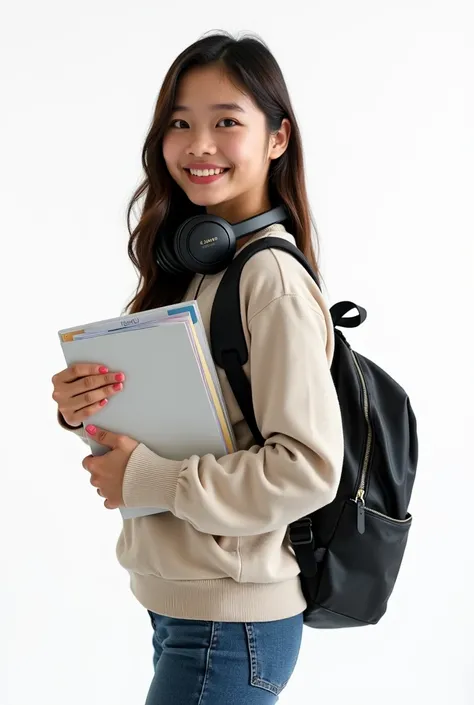 An 18 year old southeastern asian woman, wears stylish plain outfit with headphones on her neck and a backpack, holds books, smiles at the camera, 3/4 pose, captured with a Canon EOS R5, using a 24-70mm f/2.8 lens at ISO 400, 1/60 shutter speed, isolated b...