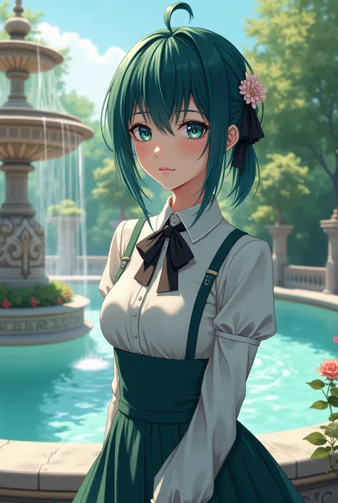 girl, eyes of sky blue,  navy green hair, hair up, medium poilica , French, Genshin,  fountain ,  Average size 