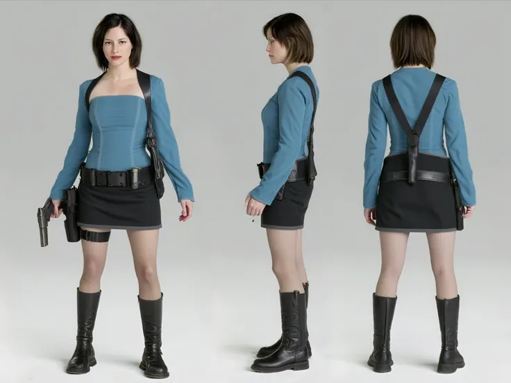 Jill Valentine Resident Evil Apocalypse wearing black boots, black hair, skirt, blue top, "character design", "concept art", "front, back, and side view", empty background.