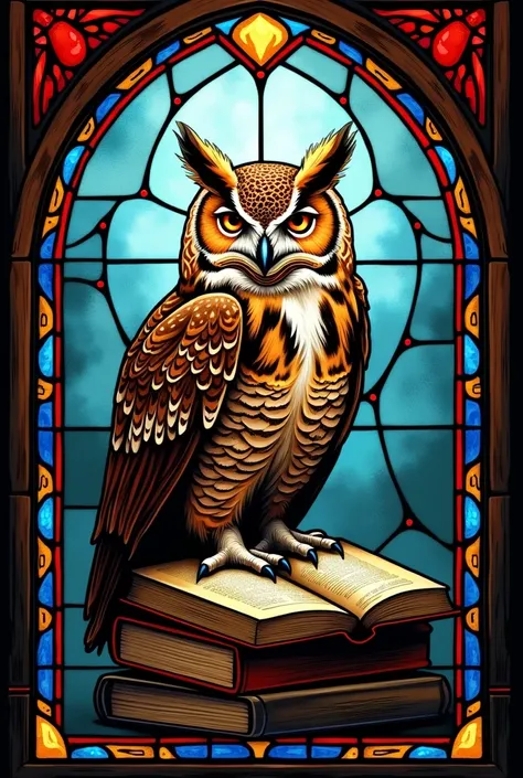 painting of an owl sitting on a book in a  stained glass  window,  stained glass  art, on a  stained glass  window, Shining Owl,  stained glass  style,  stained glass , intricate  stained glass ,  stained glass ,  stained glass  window, gothic  stained gla...