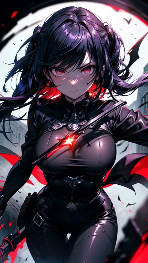  1 girl, cowboy shot, dynamic pose, sideways, holding a scythe, queen, dark background, gothic black outfit adorned with dark jagged feathers, glowing eyes, red eyes, glowing red eyes, medium length hair, dark black and purple hair, sinister smile, red ene...