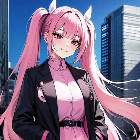 purple and white two-tone　 twin tails　Round eyes　Long eyeliner　 red eyes　 heart symbol　Pink shirt　 black jacket 　 bust up shot 　belt　 smirking 　Hands in pockets　The background is a city of buildings