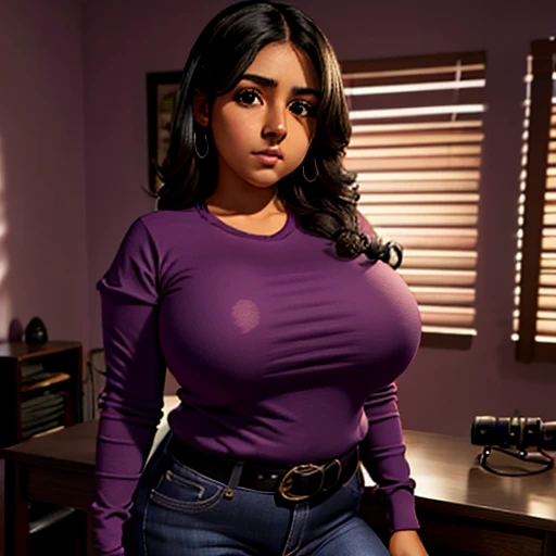 Dark nightmarish mexico movie style, a petite cute shy innocent skinny with monstously huge fat size breasts Mexican nerdy emo teen, short volumetric hair, beautiful detailed brown eyes, cutely detailed lips, super cute highly detailed eyes and face, round...