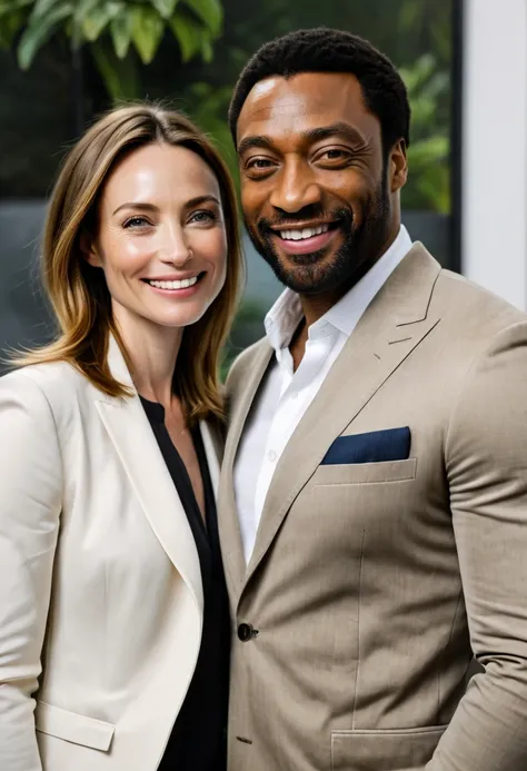 Caucasian English actress Claire Forlani and Black English actor Chiwetel Ejiofor pose together for a photo. Both are smiling. Both look happy and in love with each other. Both are dressed casually but attractively for a date. Claire has lovely makeup on h...