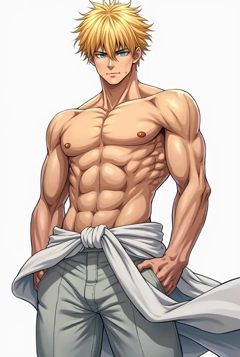 a drawing of a man without any clothes, tall anime guy with blue eyes, handsome anime pose, muscular! white, most strongest pose, genos from one punch man, handsome saitama, muscular!!, genos, shoulders can be seen, kentaro miura manga art style, !!full bo...