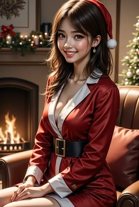 One Woman、 mini Santa costume、smile、 living room、Sit in front of the fireplace、