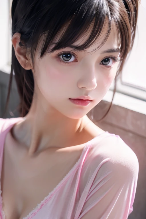   Lori anime girl in pink wet clothes, Realistic shadows,   detailed skin,  very small breasts  ,   black hair,  hair bow,   very detailed, 8K high resolution face  , Perfect Face Shape, Perfect Lips, Perfect ,   beautiful eyes,   viewers, masterpiece,  to...