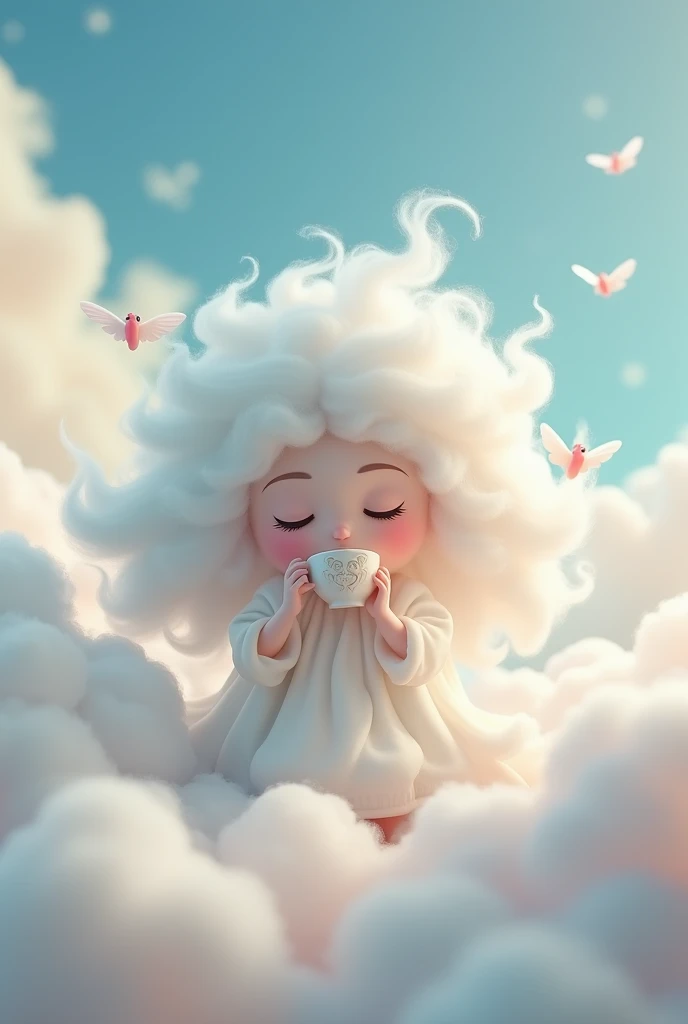 A realistic cartoon animation of a magical cloud girl drinking tea