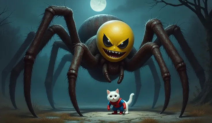 A creepy gaint spider having head of yellow minion creepy attack on a white cat wearing spider Man uniform at creepy night 