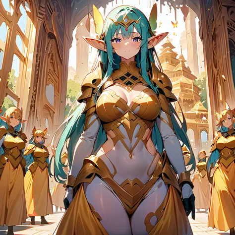 Anime, fairy girls, elfs ears, butterflys wings, body-armor, detailed body-armors, curvy body, multiple girls,  girls surrounding, background a Golden palace