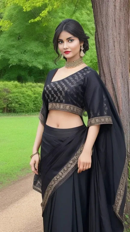 Young russian women, 30 years old, "Traditional Indian clothing and fashion" wearing vibrant black saari with embroidery and sexy blouse , medium breast, clean background, standing in front of the tree, garden, brided hair style dark brown lipstick, hezal ...