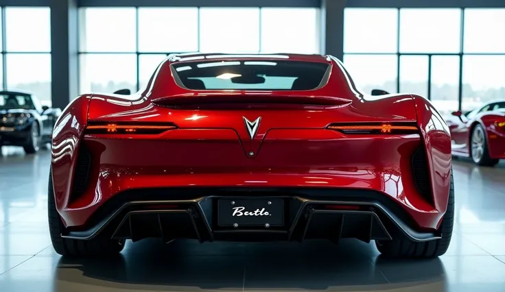 A close-up rear view of a highly modified, futuristic 2025 Pontiac Firebird in red with a shiny polished finish. The design includes a sleek, modernized rear with a red-colored bumper replacing the black one. The backlights retain their classic style, whil...