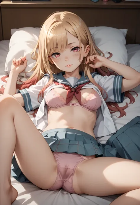 Sexy School uniform little small young pre-teen little blonde with red highlights adolescent sister relaxing and enjoying herself laying in bed legs spread apart  Marin Kitagawa medium perky breasts  aroused and horny blushing face pink panty and bra 