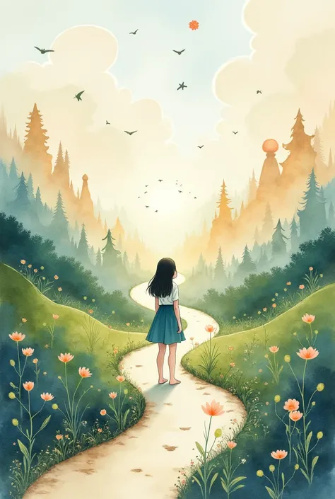 A book cover illustration of a person standing at a crossroads, with multiple paths leading to different landscapes, each representing a different dream. Title: Aku dan Impian. Style: whimsical illustration, watercolors.