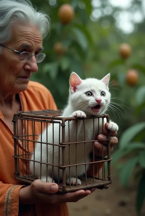 The old woman now holds the terrified chubby white kitten tightly in her hands and background showing mango garden, and the next frame shows the chuuby white kitten being roughly placed into a small, rusty cage. The cage is locked shut, with the kitten ins...