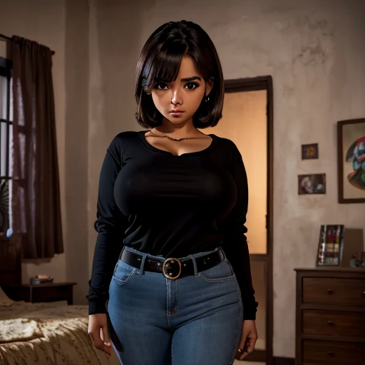 Dark nightmarish mexico movie style, a petite cute shy innocent skinny with monstously huge fat size breasts Mexican nerdy emo teen, short volumetric hair, beautiful detailed brown eyes, cutely detailed lips, super cute highly detailed eyes and face, round...