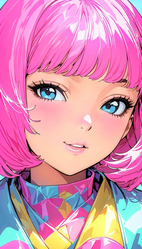 ( top quality :1.2,  city pop style,  very detailed, up to date,  vibrant,  high contrast, masterpiece:1.2,  top quality ,  best aesthetics),  girl, (( Seducing Face Upshot:1.4)),  colorful hair,  bob cut,  pastel colors that eliminate shine,  1980s Style ...