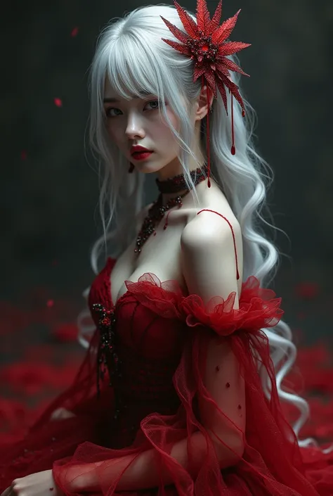 Japanese  girl wearing blood theme gown and glass slippers blood drop silver hai piece