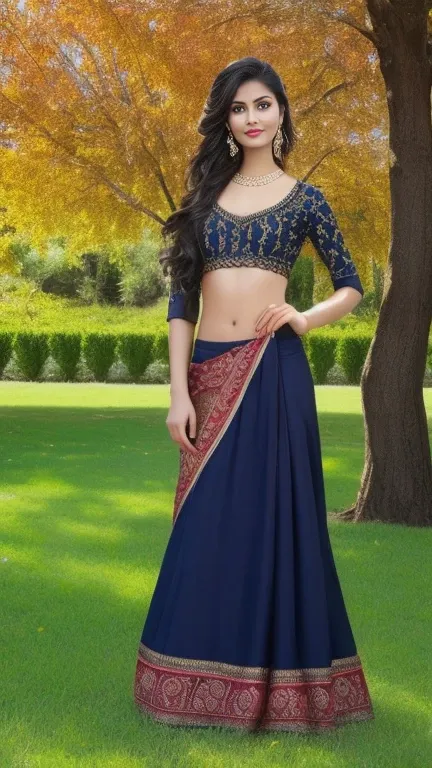 Young russian women, 30 years old, "Traditional Indian clothing and fashion" wearing vibrant black saari with embroidery and sexy bra , pumped breast, clean background, standing in front of the tree, garden, brided hair style dark brown lipstick, hezal eye...