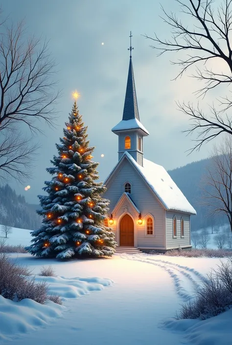 Small Church，Christmas tree，Snow White