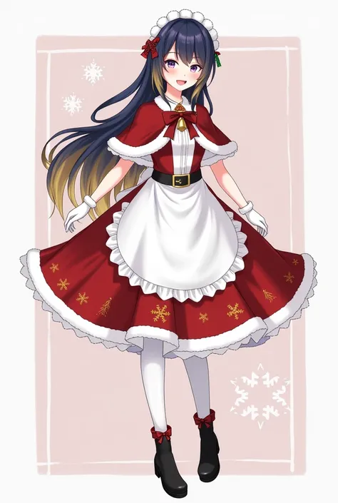  name maiyu _ uwu Hair and Accessories :

style del Cabello:  Long, two-tone hair is kept  ( dark blue and golden yellow ).  You can wear small Christmas ornaments ,  like a headband shaped like a headband with details of mistletoe leaves ,  a red ribbon o...