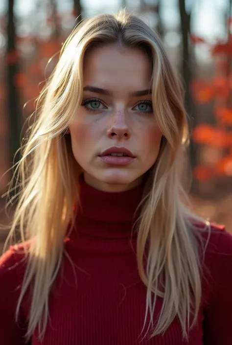 Elegant minimalistic photography, 1990s, beautiful 28 year old german model with deep, big blue eyes, long blonde hair, high cheekbones, heavy eyeliner wearing a crimson jumper, red autumn forest background, natural lighting, chaos, minimalist, close-up po...