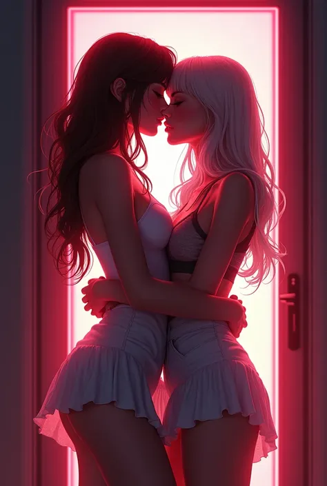 Create an image for me where two girls are making out with a flashy door in the background