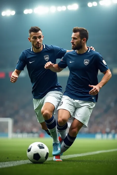  in a blue navy blue shirt with a ball inside the stadium but the stadium is not fully visible, unsponsored jersey ,  two soccer players with white shorts showing their faces 