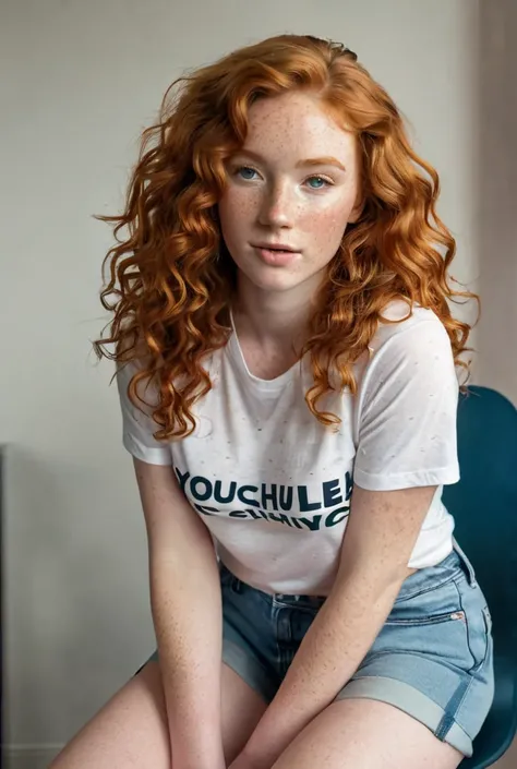  full body photo ,  Hyper-realistic photo of a shy young natural Irish redhead with long curly wavy hair and fair complexion, no makeup, Everyday look ,  full face  ( you look shy :1.3),  freckles, detailed face,  DETAILED SKIN, ( T-shirt without panties )...