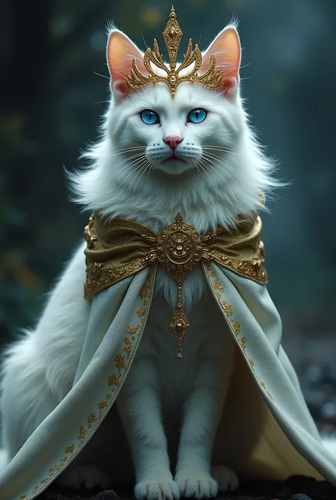  White spink cat, crowned with gold, blue-eyed, wears iron cloak 