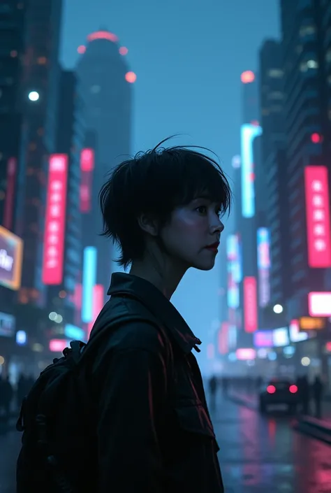 Love background glowing dimly, short hair hair night city cyberpunk
