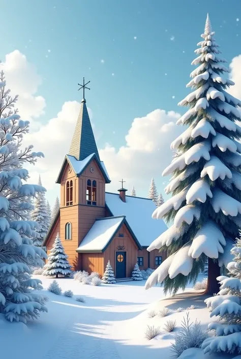 Small Church，Christmas tree，Snow White， Christmas，daytime