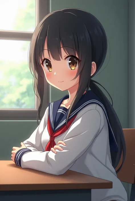 She is a madoka-style anime girl ,  Her hair is long, black and straight,  usually tied in a low ponytail .  She has big, brown eyes .  measures 1 .58 m, with a slim figure.  She usually wears a Japanese school uniform. Do her sitting at a desk ,  smiling.