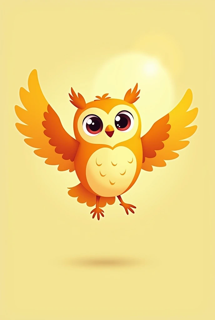 "A cheerful cartoon-style owl character for a ren’s book, designed in a simple flat 2D style, with large expressive eyes, soft rounded shapes, bright pastel colors, and minimal shading. The owl has vibrant feathers in shades of yellow and orange, flying gr...