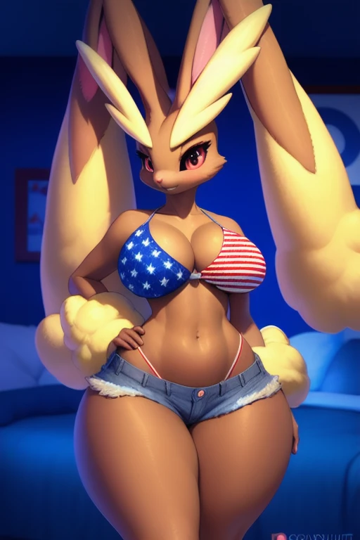 uploaded on e621, explicit content, 3d:0.7, cutesexyrobutts, hioshiru, female, solo, lopunny, short round fluffy tail, bedroom setting, (patriotic bikini top with stars and stripes, Jean shorts), (large breasts, natural breasts, breast sag:0.8), thick thig...