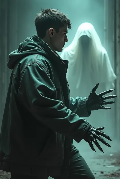 a plump twenty-year-old guy in a wide jacket, whose fingers are half-brass knuckles, half-knives, fighting a ghost 