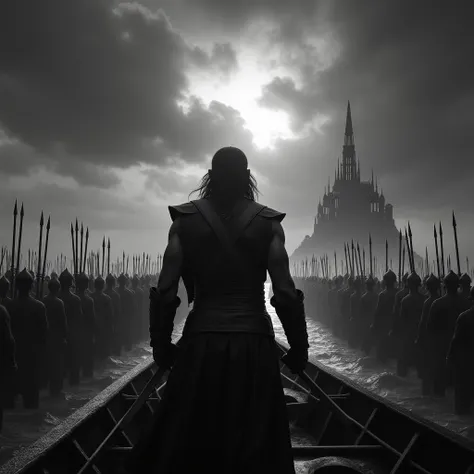 Black and white photo .  The scene between the black cover of night thunderstorms the sky .  The back of a man in a powerful modern elite uniform standing on a giant boat, shoulder length hair, dirty hands high swords blazing into the sky .  Below the sea ...