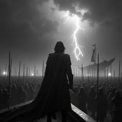 Black and white photo .  The scene between the black cover of night thunderstorms the sky .  The back of a man in a powerful modern elite uniform standing on a giant boat, shoulder length hair, dirty hands high swords blazing into the sky .  Below the sea ...