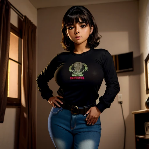 Dark nightmarish mexico movie style, a petite cute shy innocent skinny with monstously huge fat size breasts Mexican nerdy emo teen, short volumetric hair, beautiful detailed brown eyes, cutely detailed lips, super cute highly detailed eyes and face, round...