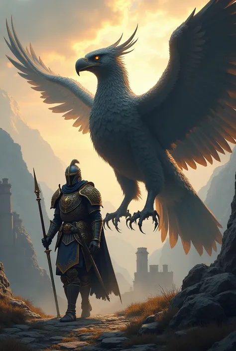 A soldier walks side by side with a giant Garuda bird