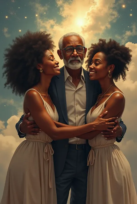 Three black women in the sky embracing an elderly black man with glasses 