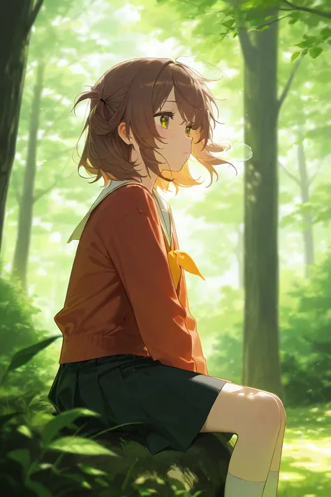 18 years old girl in daily outfit  sitting in nature with her hair flying with air