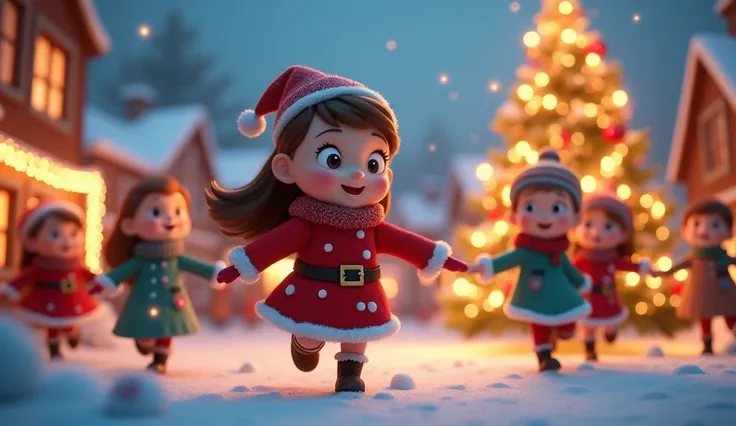 A cute 3D cartoon young girl in a Christmas outfit spins around happily in a snowy village decorated with twinkling lights. She holds hands with a group of s, dancing in a circle around a big, glowing Christmas tree. The atmosphere is magical