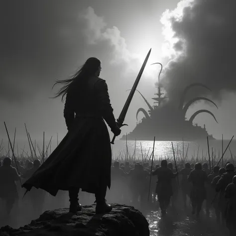 Black and white photo .  The scene between the black cover of night thundering in the sky .  The back of a man in a modern uniform ,  Bravely standing high on a giant battleship , shoulder length hair,  tall sword blazing into the sky .  Below are hundreds...