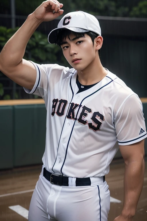   top quality ,masterpiece,Baseball field in heavy rain , Slim Muscular Teenage Japanese Man, two blocks,bangs, transparent baseball uniform wet in the rain,Thick, thick waxing hair , realism