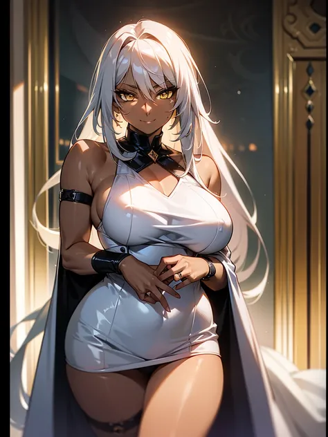 (​masterpiece, top-quality, hight resolution, Unity 8k, extremely details CG:1,Best Picture), (Prostitute), ramlethalms, 1girl, Grey hair, yellow eyes,((((dark skin)))), A glamorous and curvaceous prostitute standing in a dimly-lit private room at night, w...