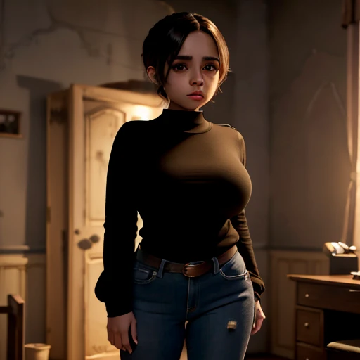 Dark nightmarish movie style, a petite cute shy innocent skinny with monstously huge fat size breasts Mexican nerdy emo teen, short volumetric hair, beautiful detailed brown eyes, cutely detailed lips, super cute highly detailed eyes and face, round shape ...