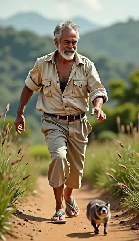 President Lula is wearing old linen clothes, flip-flops, running after a calando, the scene takes place in the countryside.