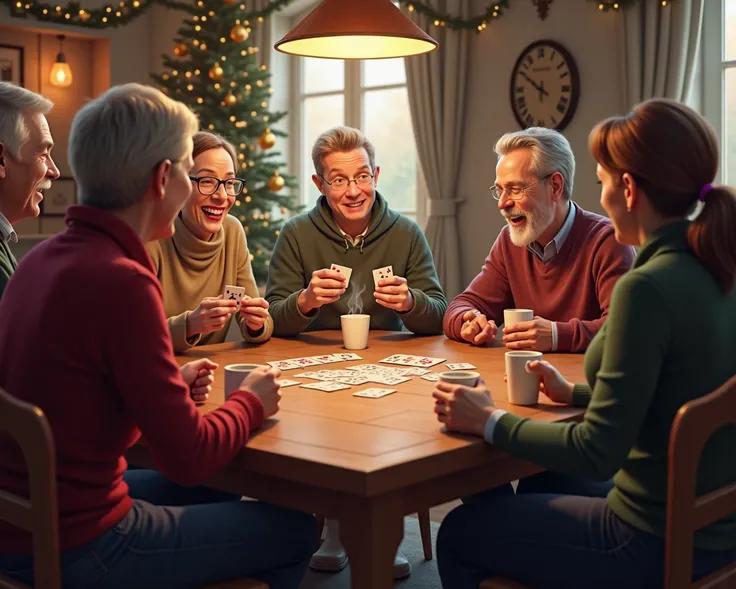 ultra realistic+six people in their early 40s playing a card game+sitting on chairs around a rectangular table+area decorated with christmas feeling+midday+each member has a steaming cup of coffee nearby+each member holds their seven cards+except the one p...