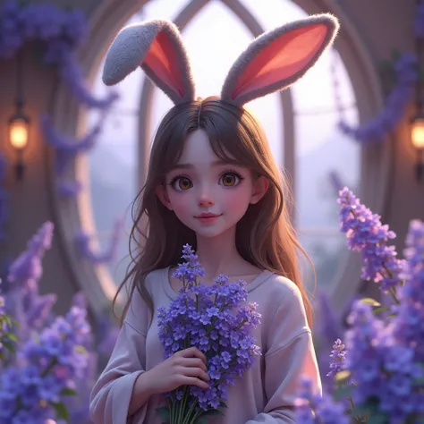 Girl with rabbit ears, light brown hair, golden brown, hazel eyes, house, lavender, neck, bought a bouquet, forget me notmagic world, harry potter, virtual reality